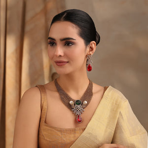 Regalia Kundan Necklace Set with Red & Green Stones