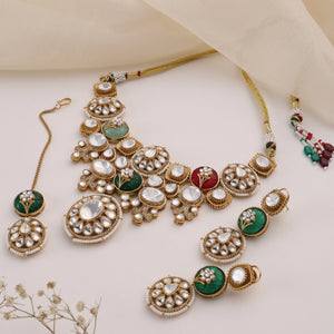 Riba Navratan Fine Kundan Necklace Set with Earrings & Tikka
