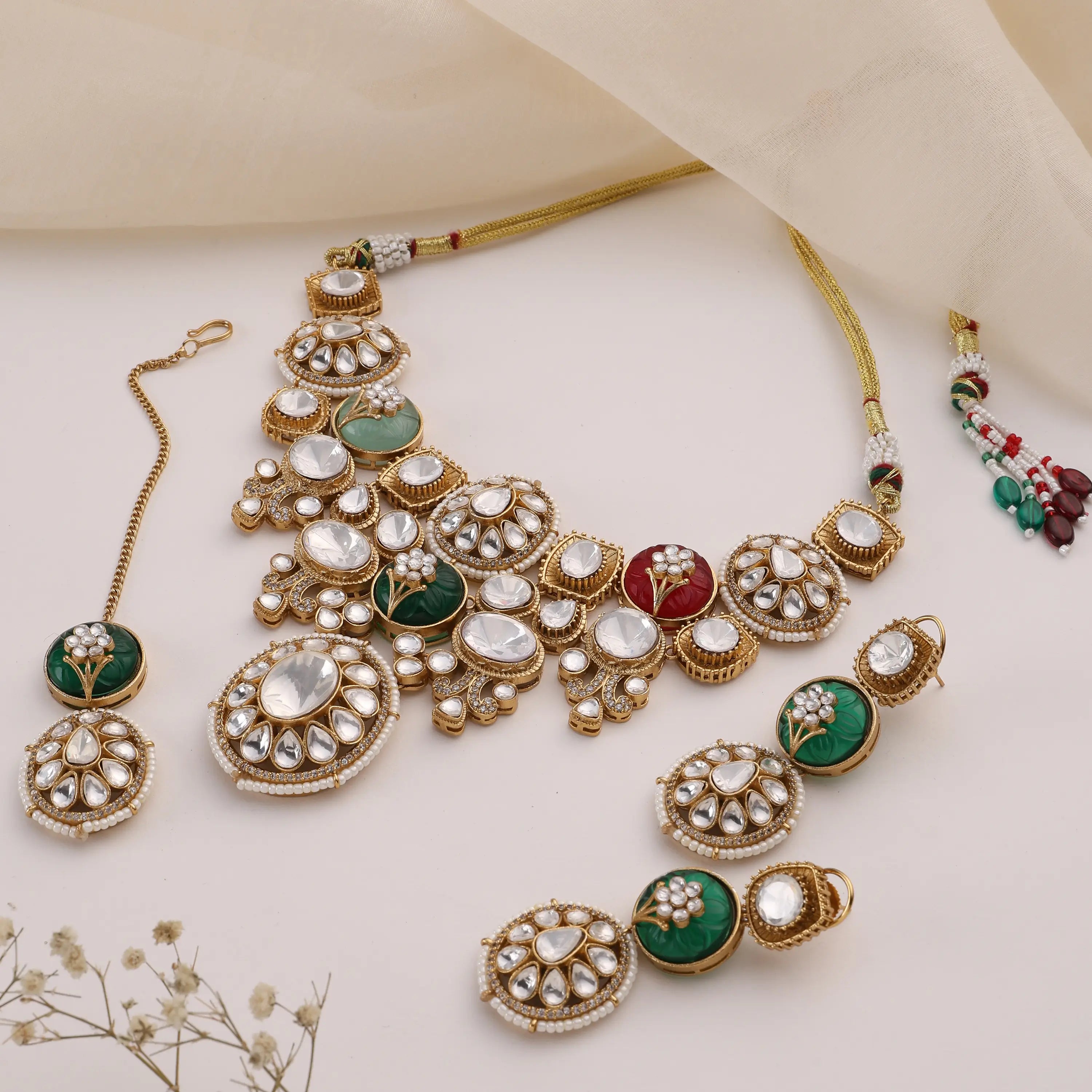 Riba Navratan Fine Kundan Necklace Set with Earrings & Tikka