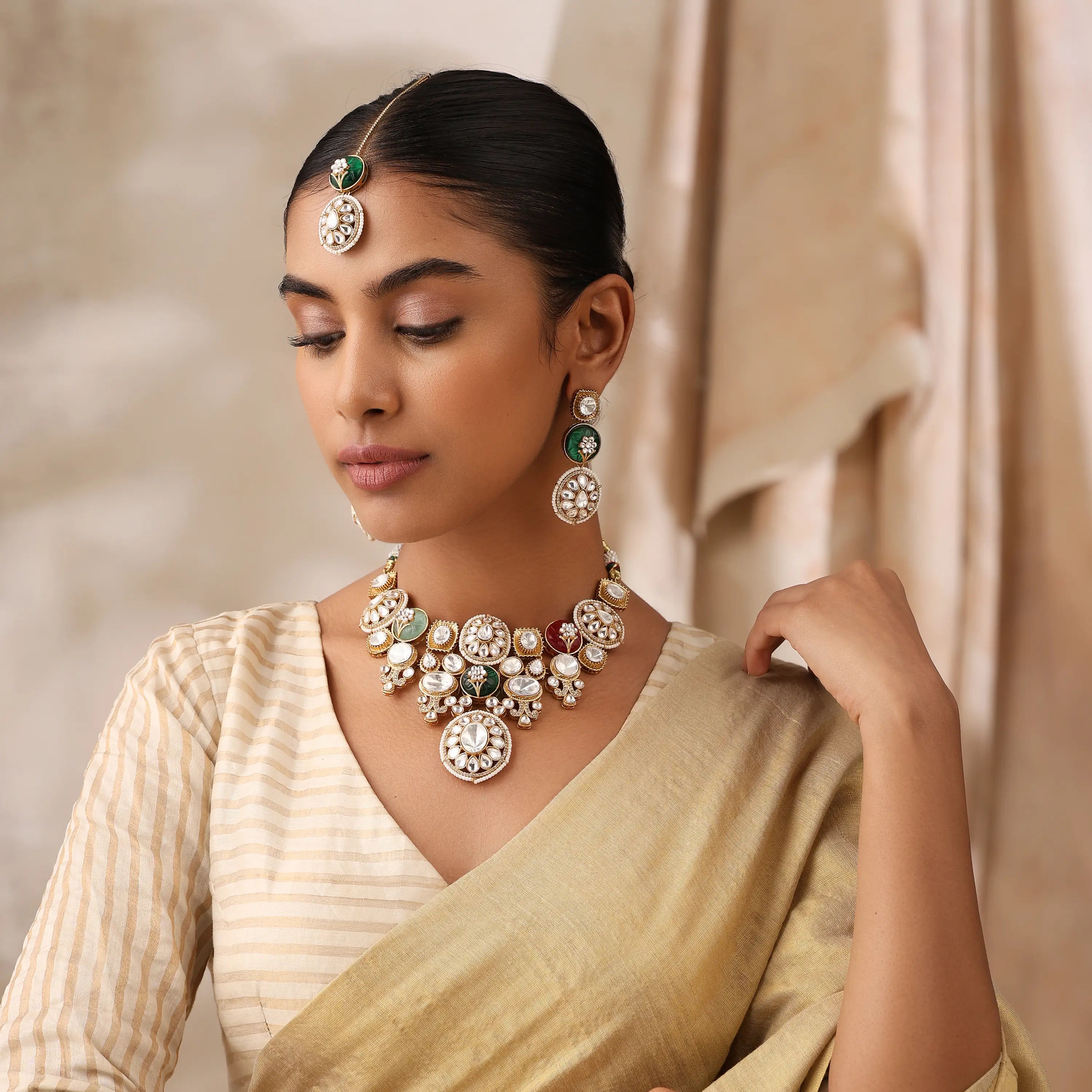 Riba Navratan Fine Kundan Necklace Set with Earrings & Tikka