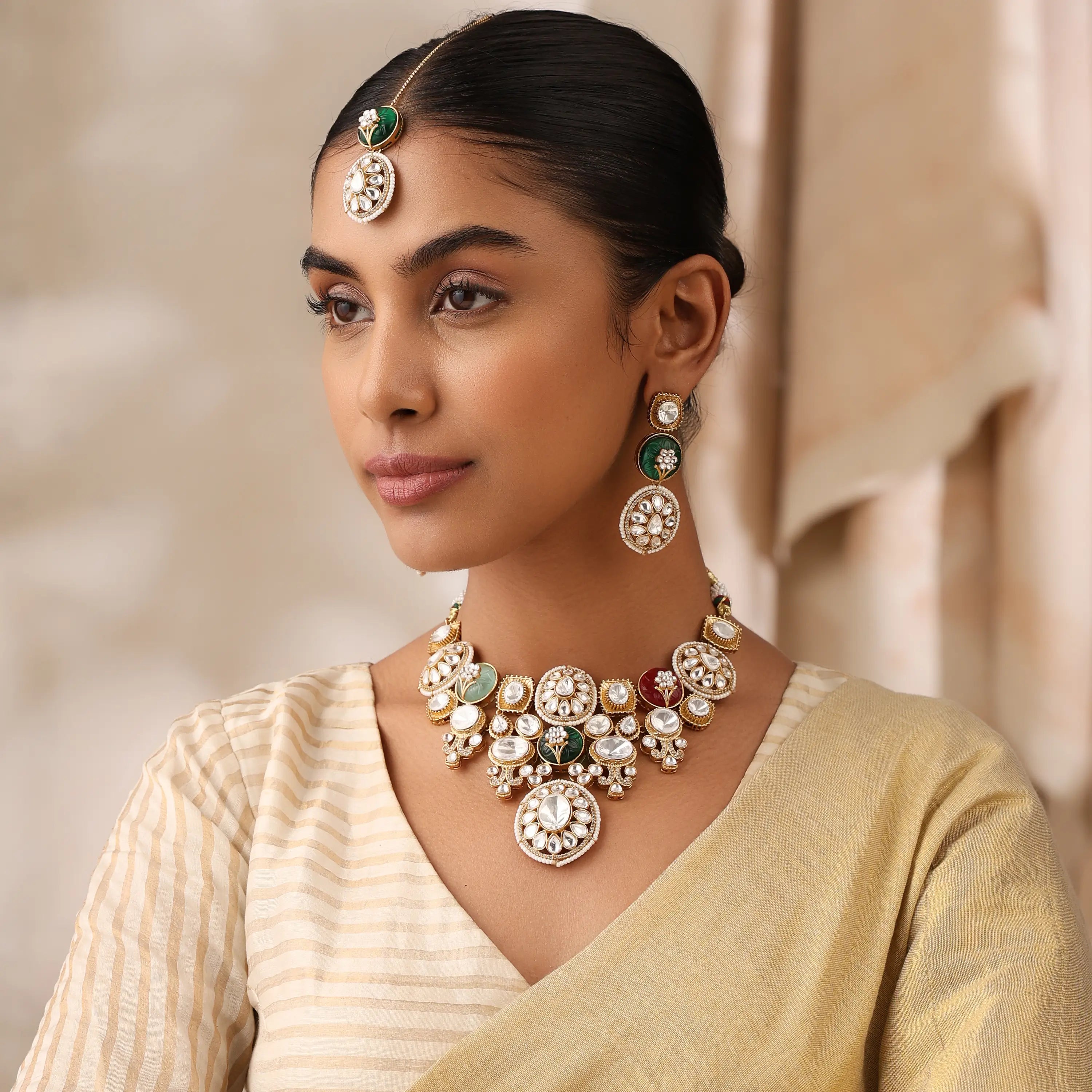 Riba Navratan Fine Kundan Necklace Set with Earrings & Tikka