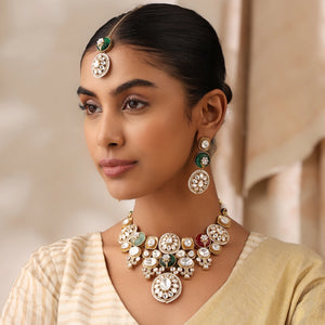 Riba Navratan Fine Kundan Necklace Set with Earrings & Tikka