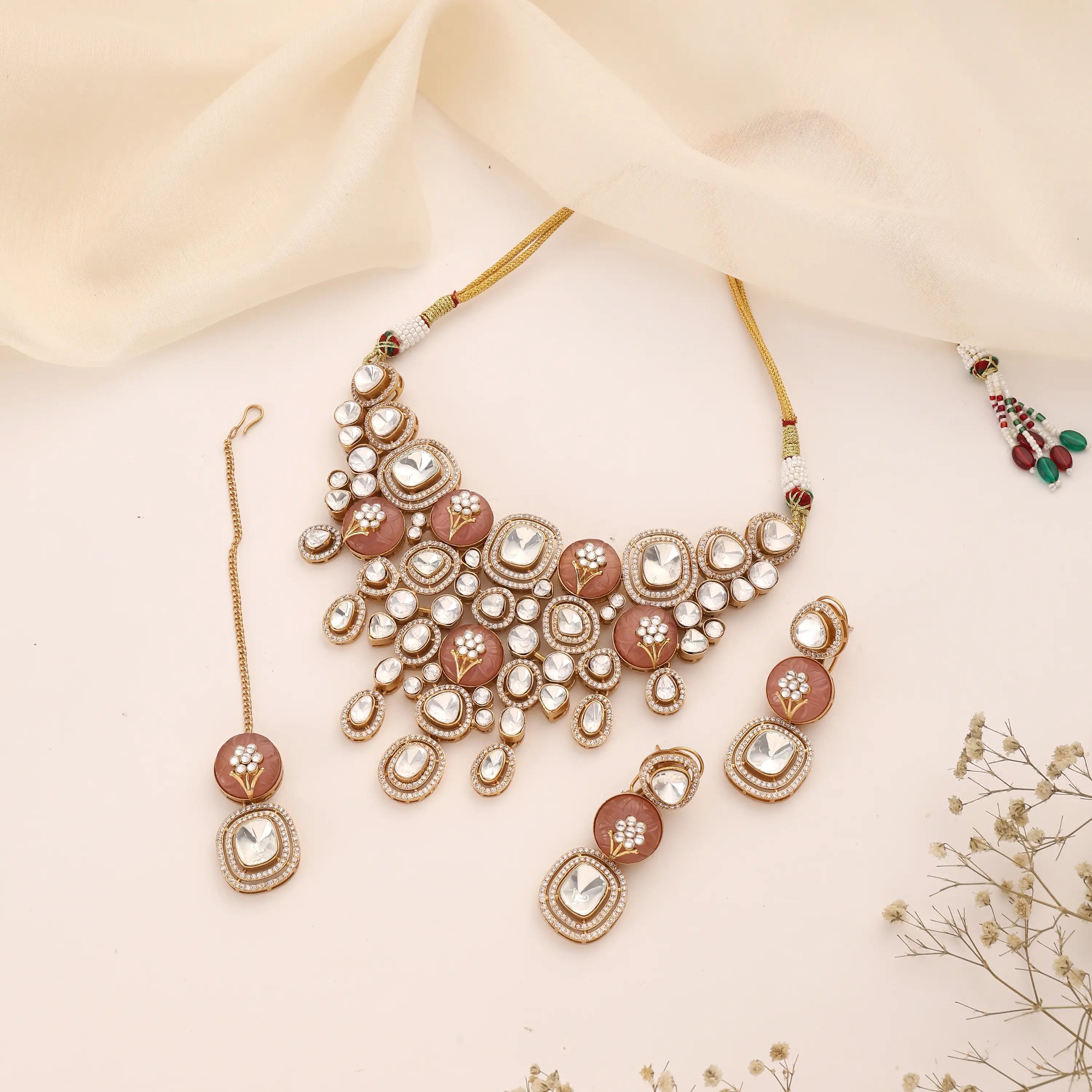 Riba Peach Fine Kundan Necklace Set with Earrings & Tikka