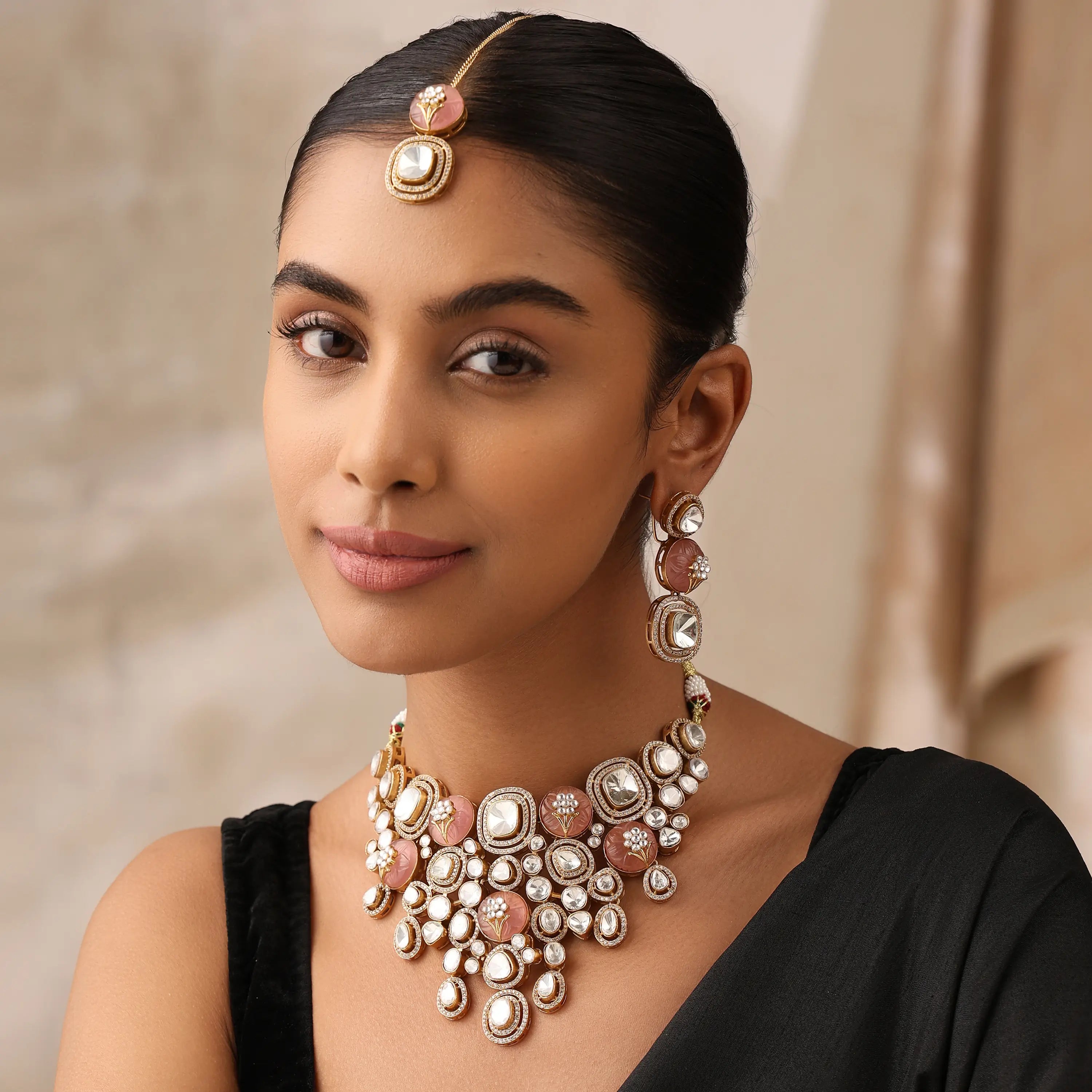 Riba Peach Fine Kundan Necklace Set with Earrings & Tikka