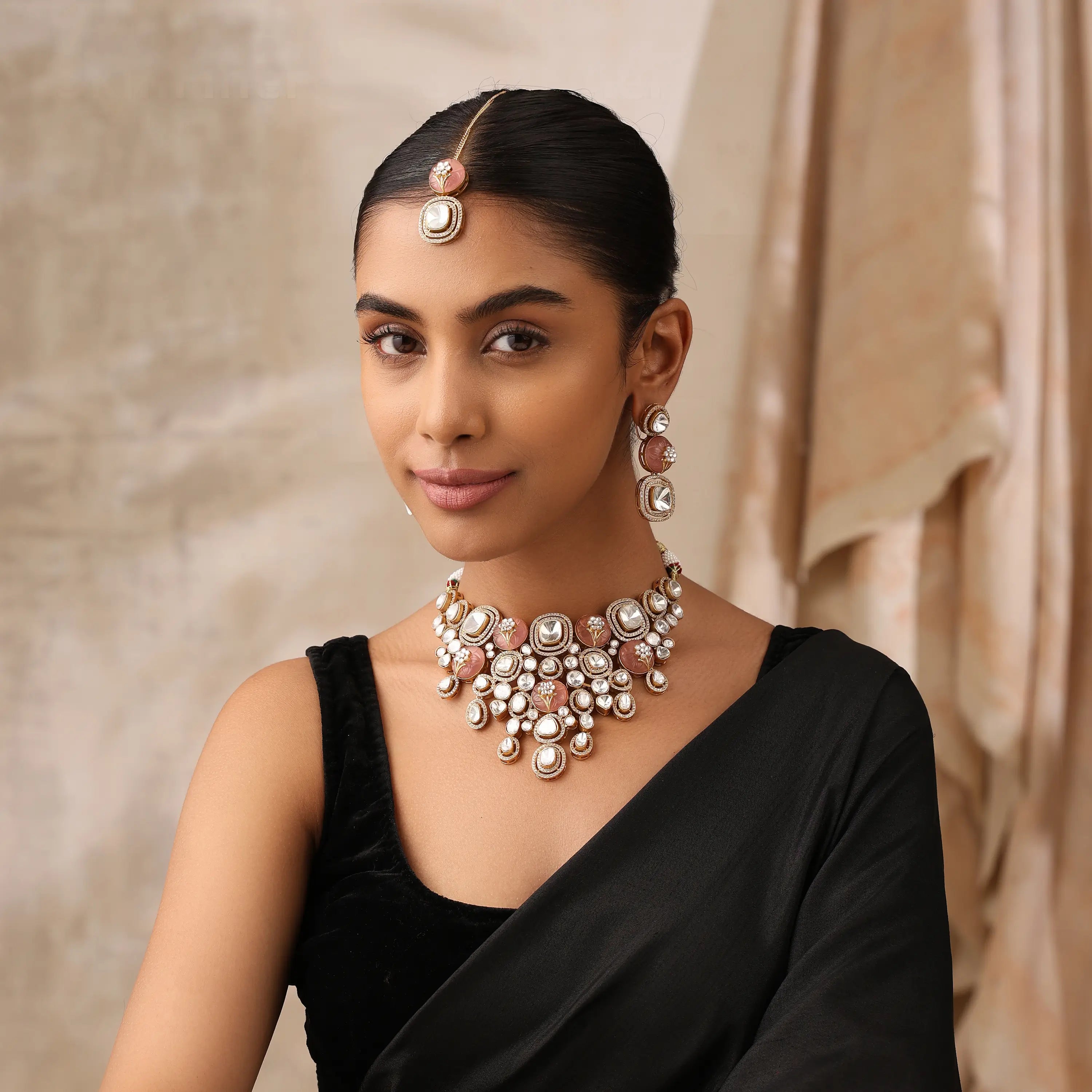 Riba Peach Fine Kundan Necklace Set with Earrings & Tikka