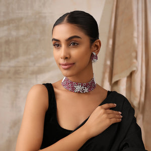 Ruby Floral Statement Choker Set with CZ Work & Matching Earrings