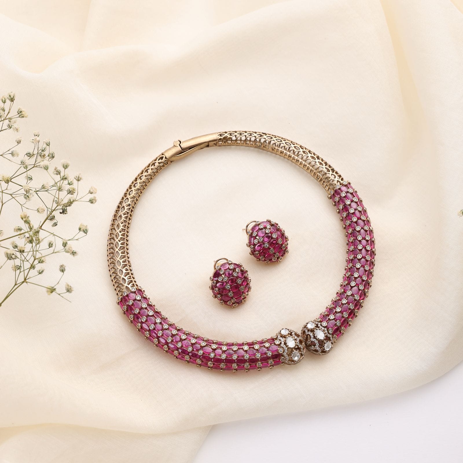 Ruby Radiance Collar Necklace with Ruby Studs in Antique Gold Polish