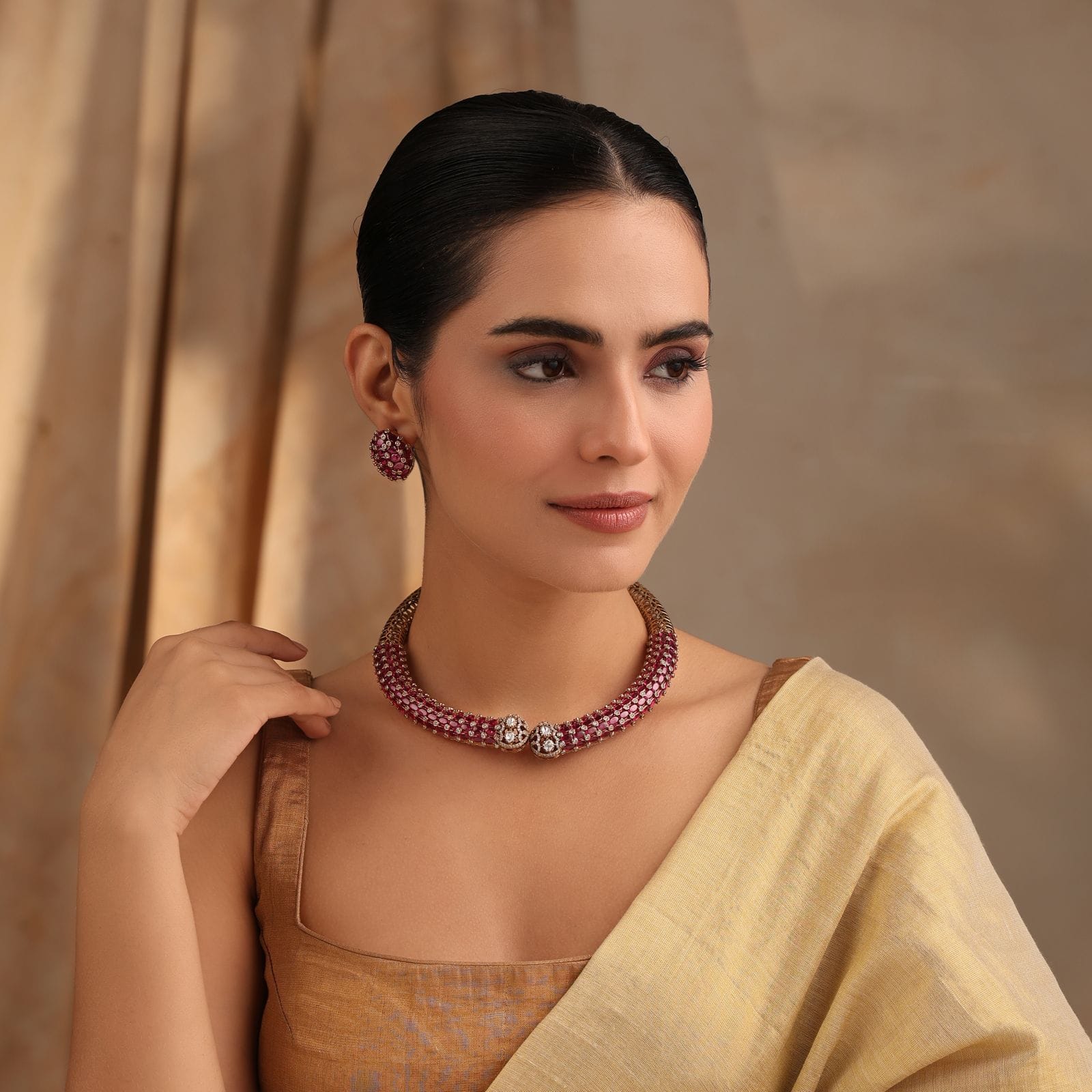 Ruby Radiance Collar Necklace with Ruby Studs in Antique Gold Polish