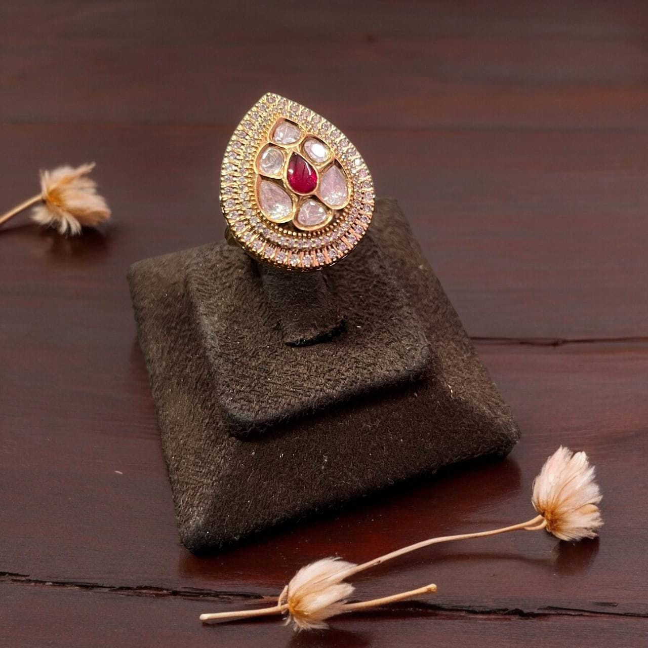 Ruby Teardrop Kundan Cocktail Ring- Adjustable