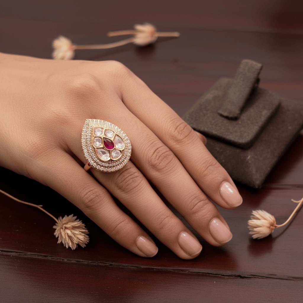 Ruby Teardrop Kundan Cocktail Ring- Adjustable