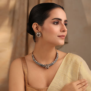 Rudra Blue Kundan Hasli Set in Antique Finish with Earrings