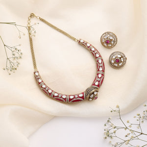 Rudra Rani Pink Kundan Hasli Set in Antique Finish with Earrings