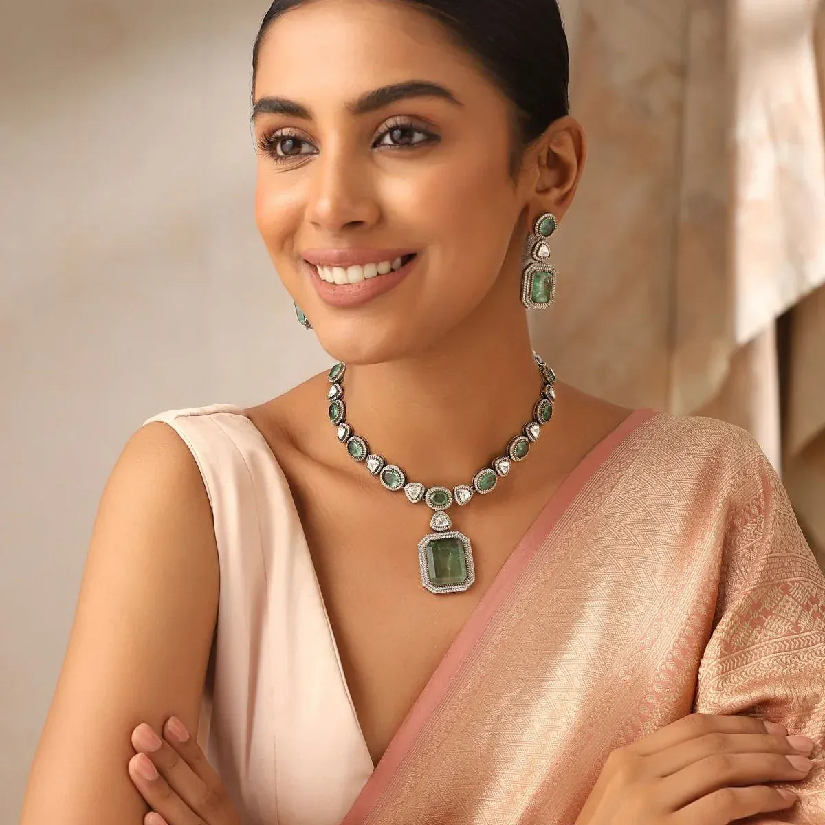 Sage Mint Uncut Polki Necklace Set with Earrings