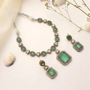 Sage Mint Uncut Polki Necklace Set with Earrings