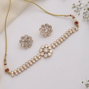 Sheesha Bloom Polki Choker Set – Delicate Floral Uncut Polki Necklace with Stud Earrings