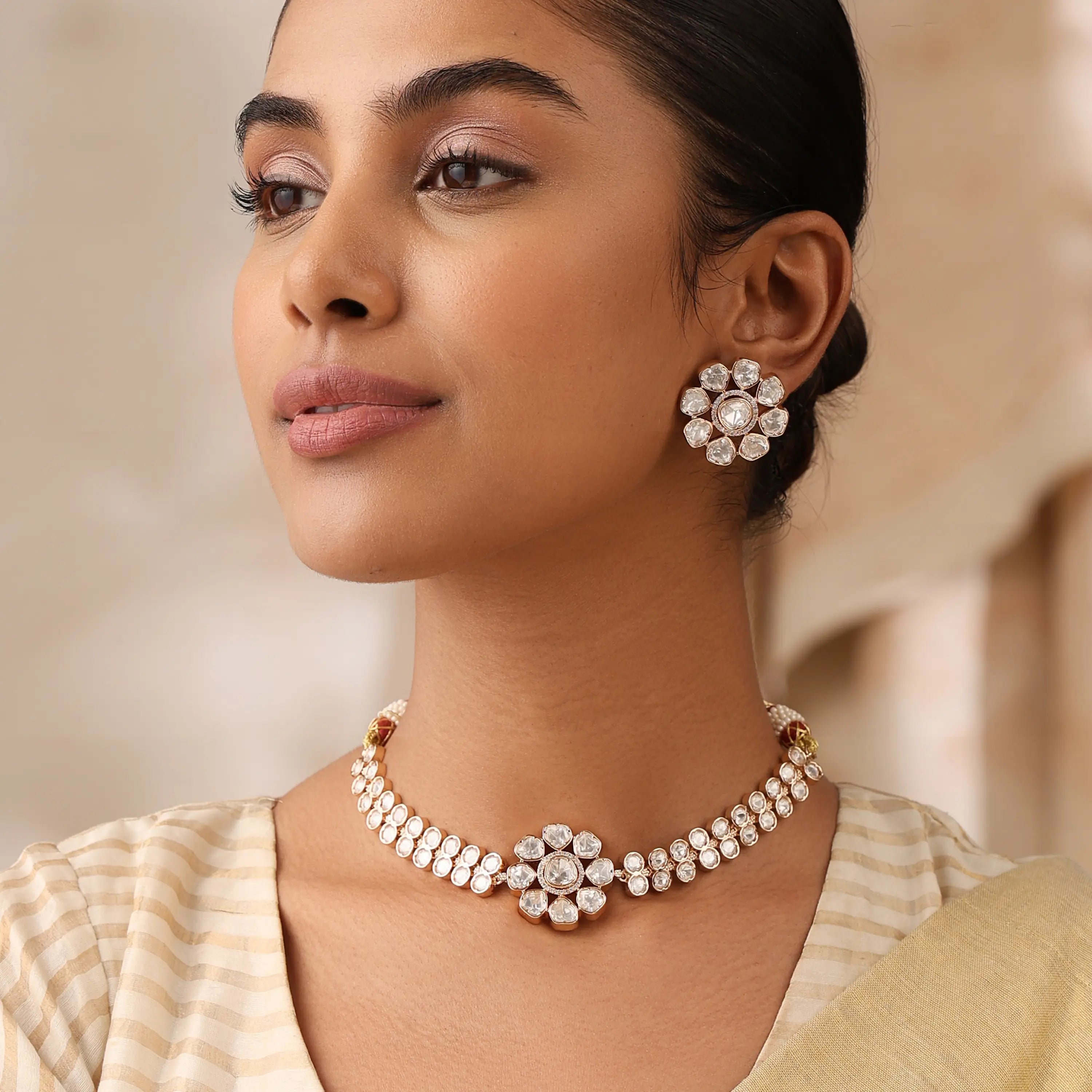 Sheesha Bloom Polki Choker Set – Delicate Floral Uncut Polki Necklace with Stud Earrings