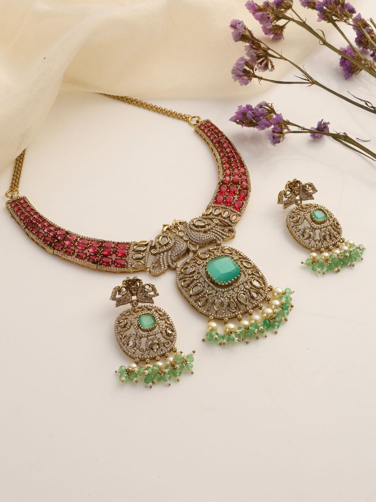 Tavisha Ruby-Mint Kundan Necklace Set