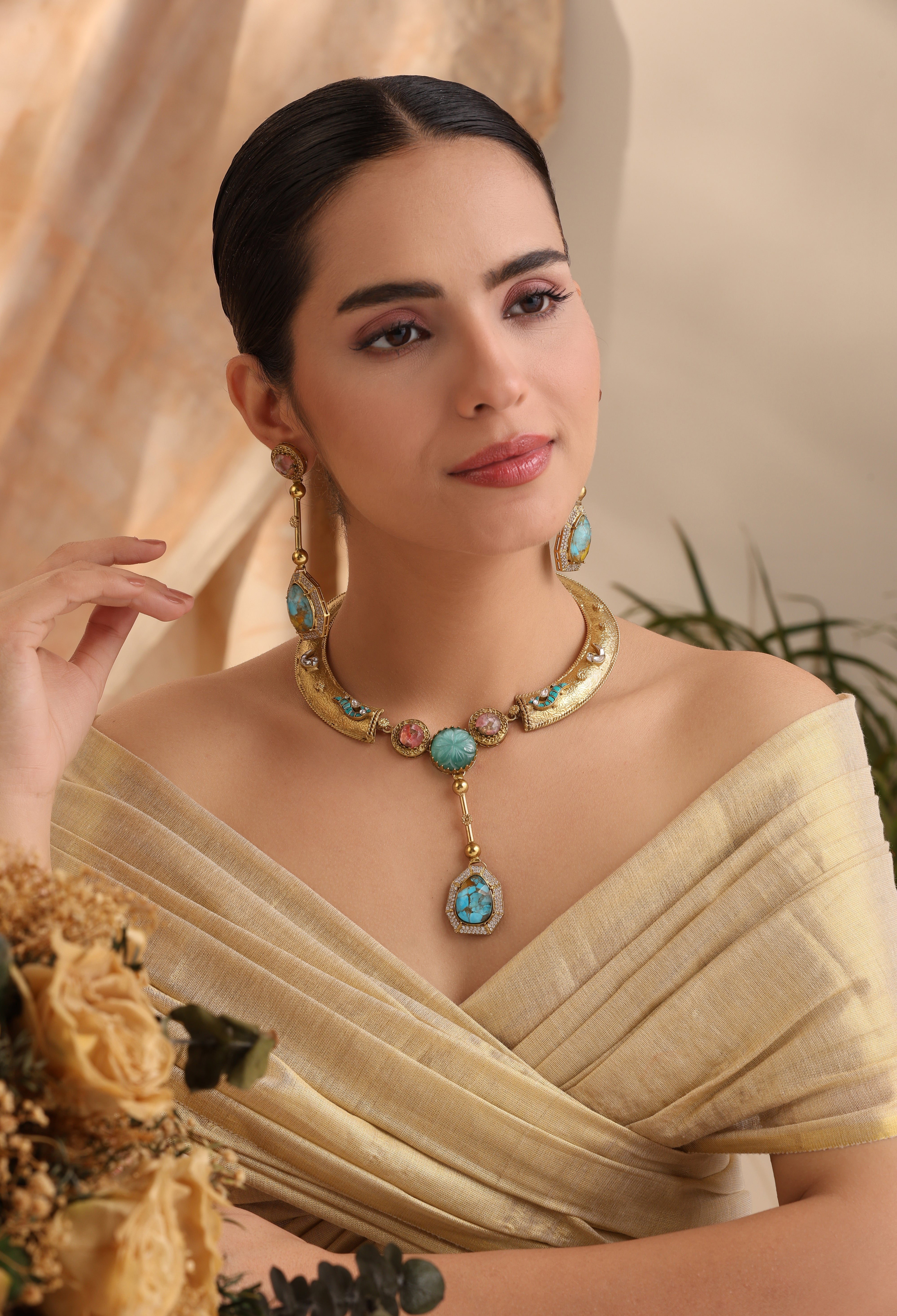Close-up side profile of Aurelia Turquoise Gold Collar Set showing engraved gold collar, turquoise stones, and CZ diamond pendant – MyRivaaz.