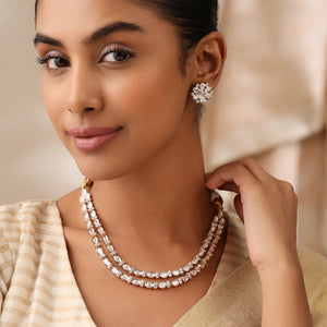 Two Layer Uncut Polki Necklace Set with Stud Earrings
