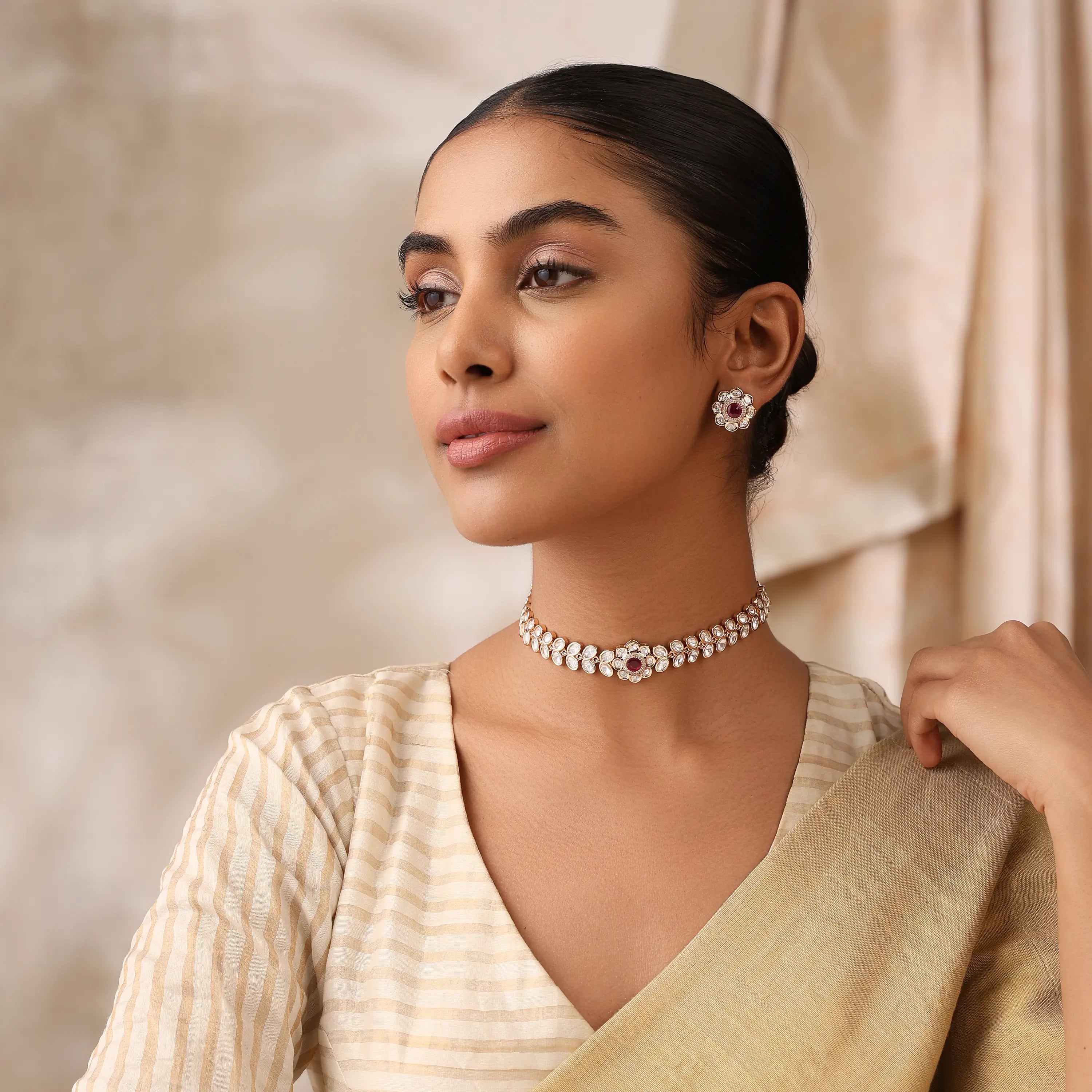 Uncut Delicate Ruby Stone Choker Set with Stud Earrings