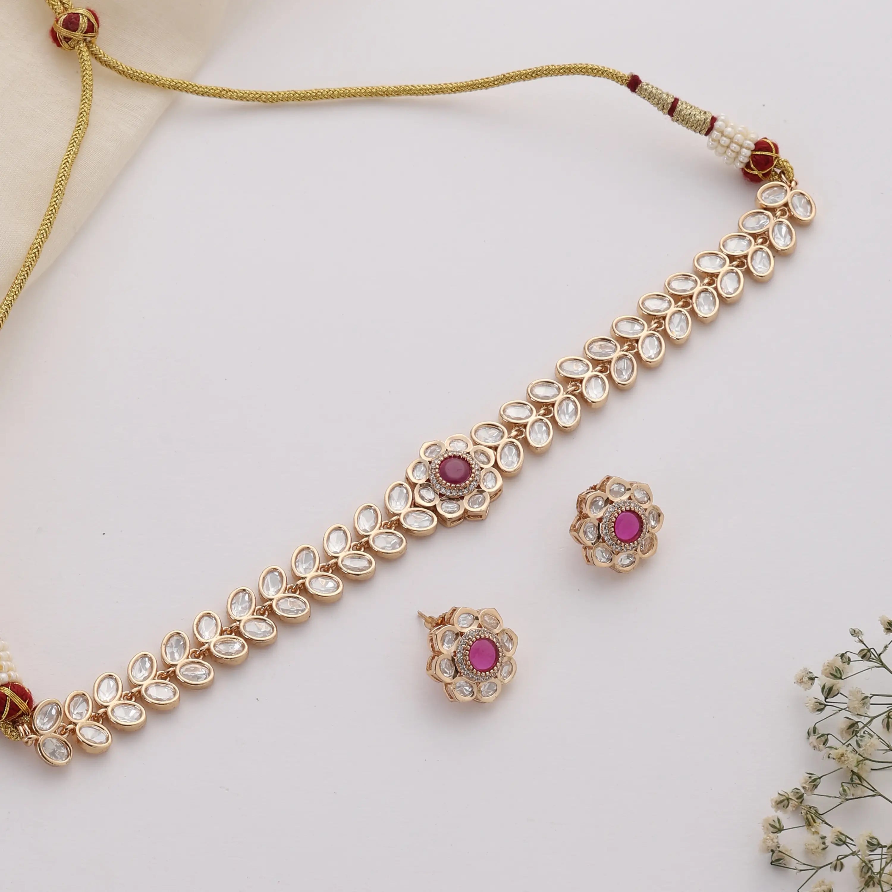 Uncut Delicate Ruby Stone Choker Set with Stud Earrings
