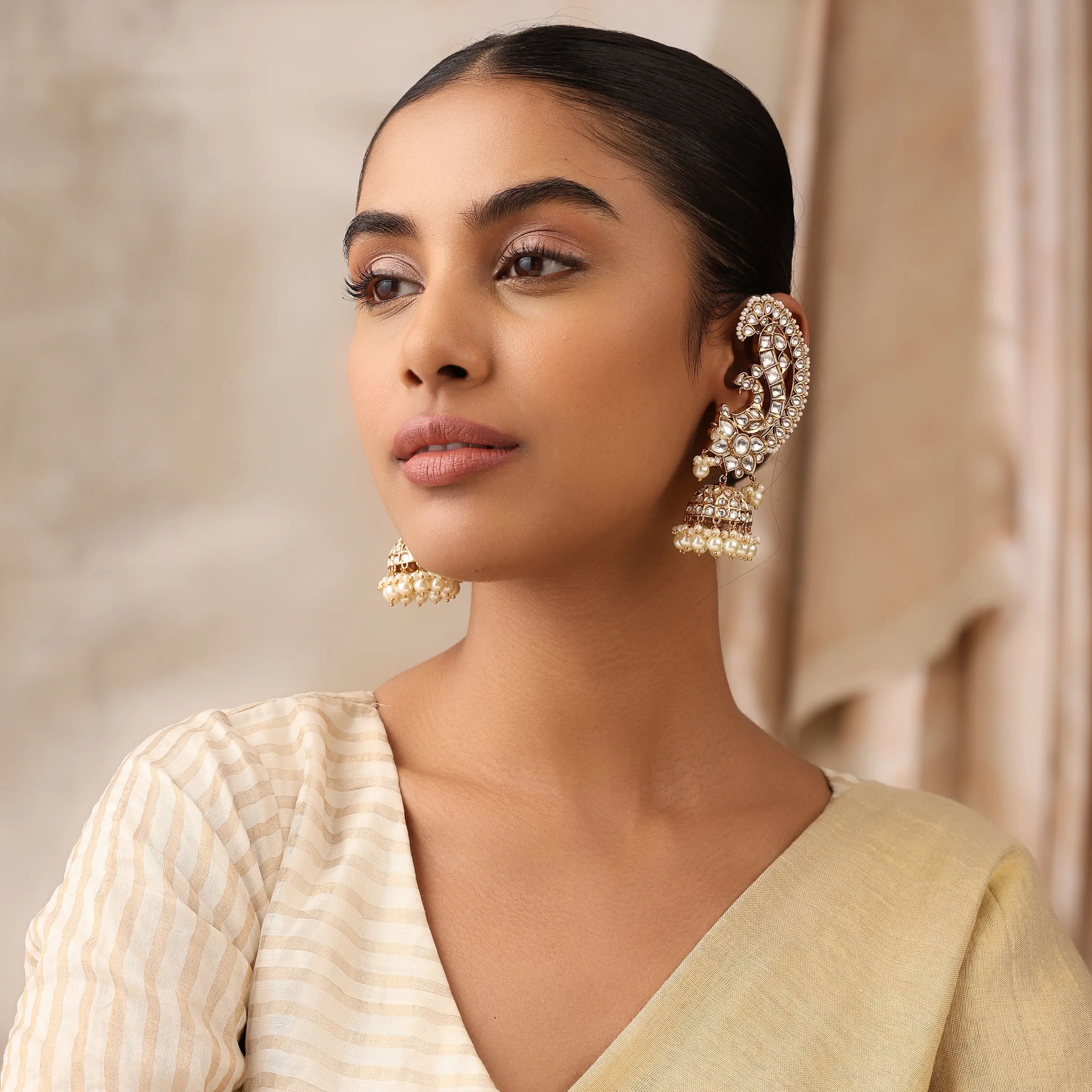 Uncut Kundan Ear Cuff with Jhumka Earrings – Lightweight Bridal Statement