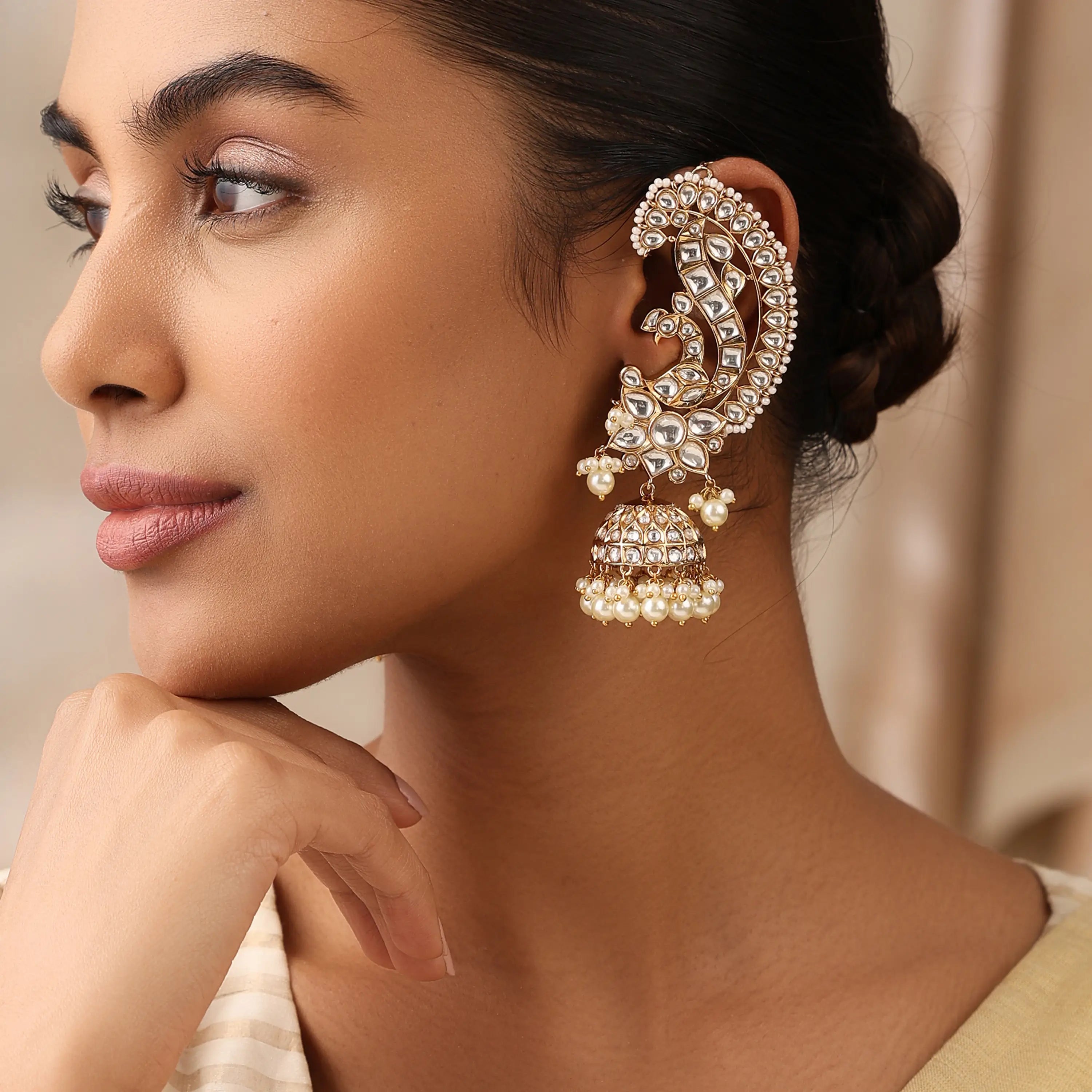 Uncut Kundan Ear Cuff with Jhumka Earrings – Lightweight Bridal Statement