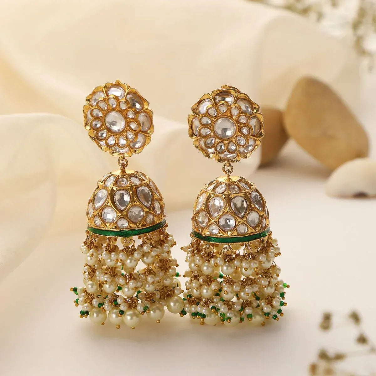 Uncut Polki Pearl Jhumka Earrings with Green Accents