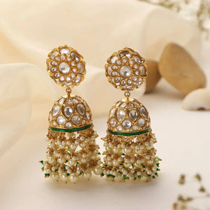 Uncut Polki Pearl Jhumka Earrings with Green Accents