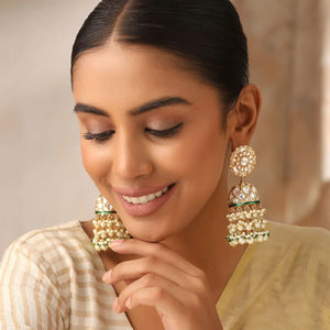 Uncut Polki Pearl Jhumka Earrings with Green Accents