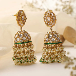 Uncut Polki Pearl Jhumka Earrings with Green Accents
