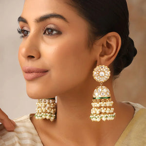 Uncut Polki Pearl Jhumka Earrings with Green Accents