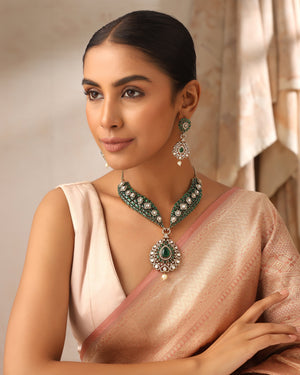 Vamika Green Mossonite Kundan Choker Necklace Set