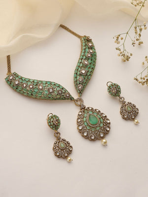 Vamika Mint Mossonite Kundan Choker Necklace Set