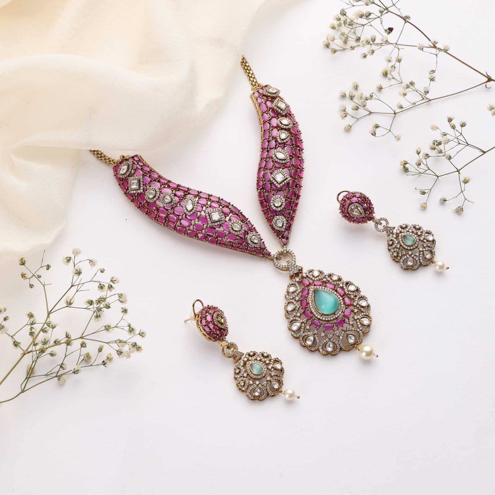 Vamika Ruby & Mint Green Necklace Set with Earrings