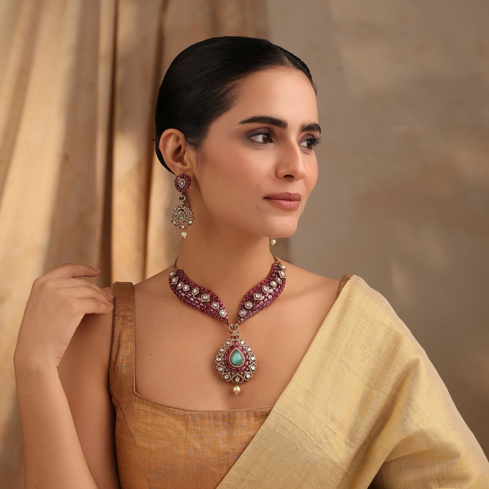 Vamika Ruby & Mint Green Necklace Set with Earrings