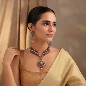 Vamika Ruby & Mint Green Necklace Set with Earrings