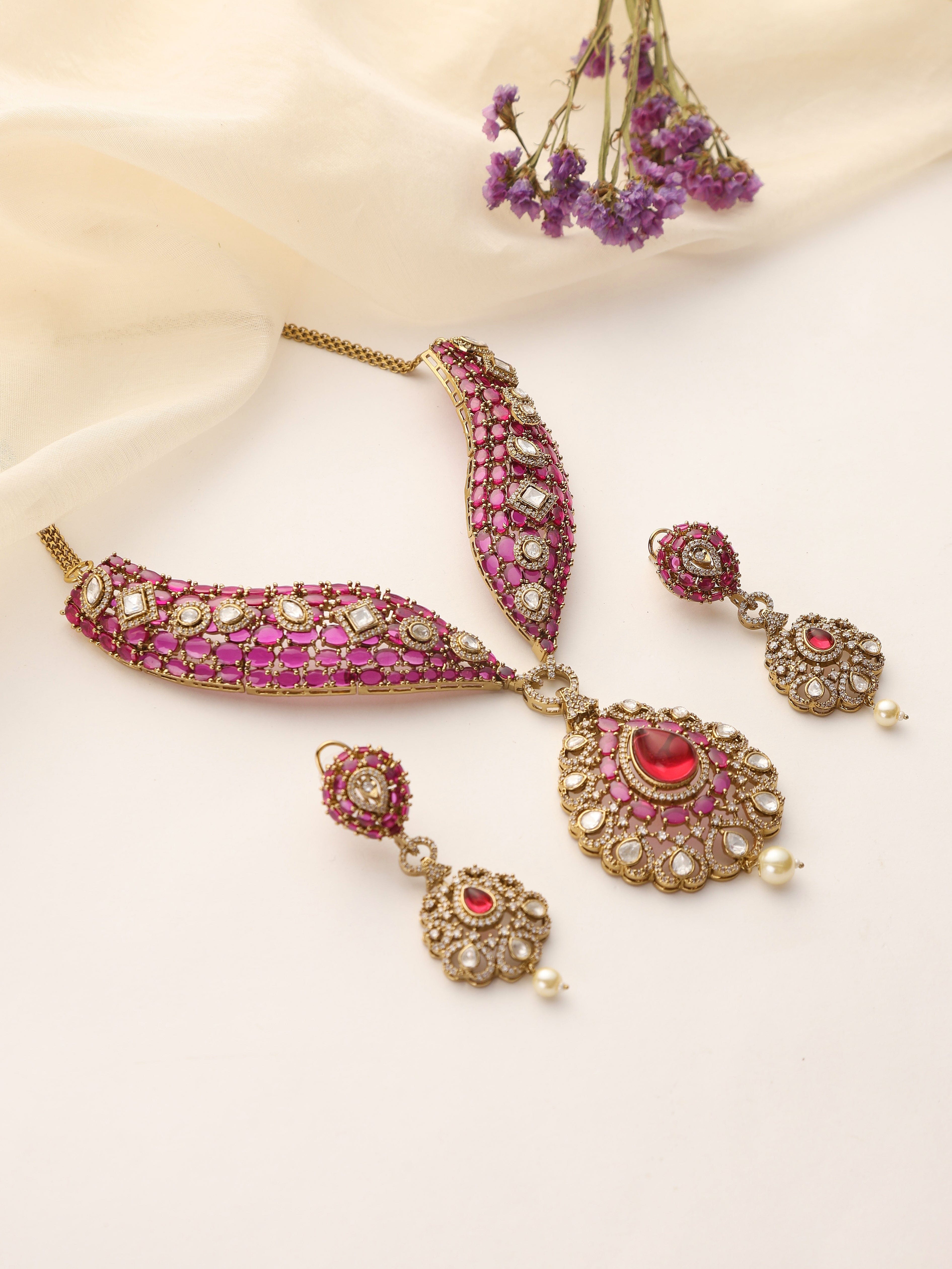 Vamika Ruby Mossonite Choker Necklace Set with Earrings
