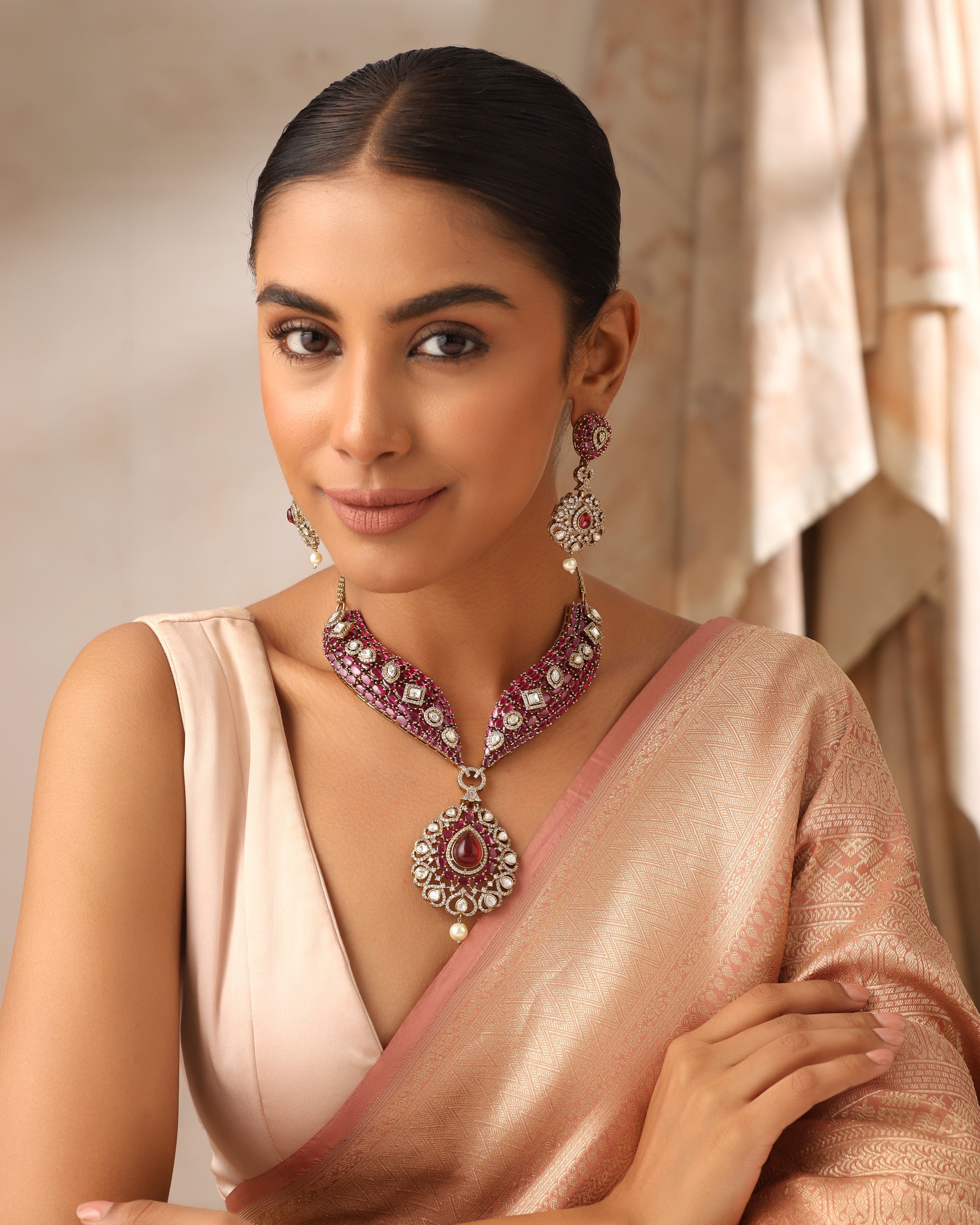 Vamika Ruby Mossonite Choker Necklace Set with Earrings