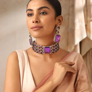 Viola Luxe Purple Choker Set with Statement Earrings – Amethyst Inspired Bridal Jewelry