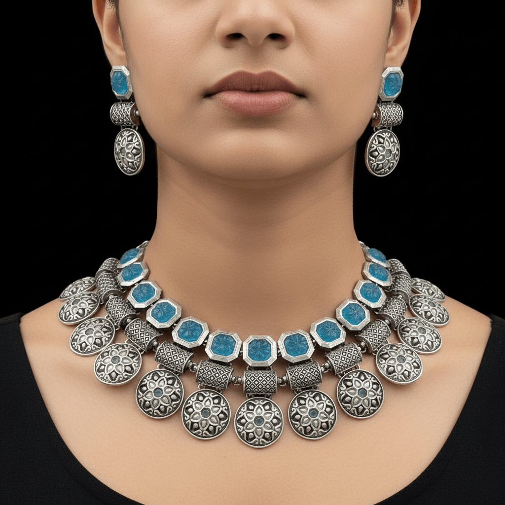 Zafira Turquoise Coin Oxidized Choker Set