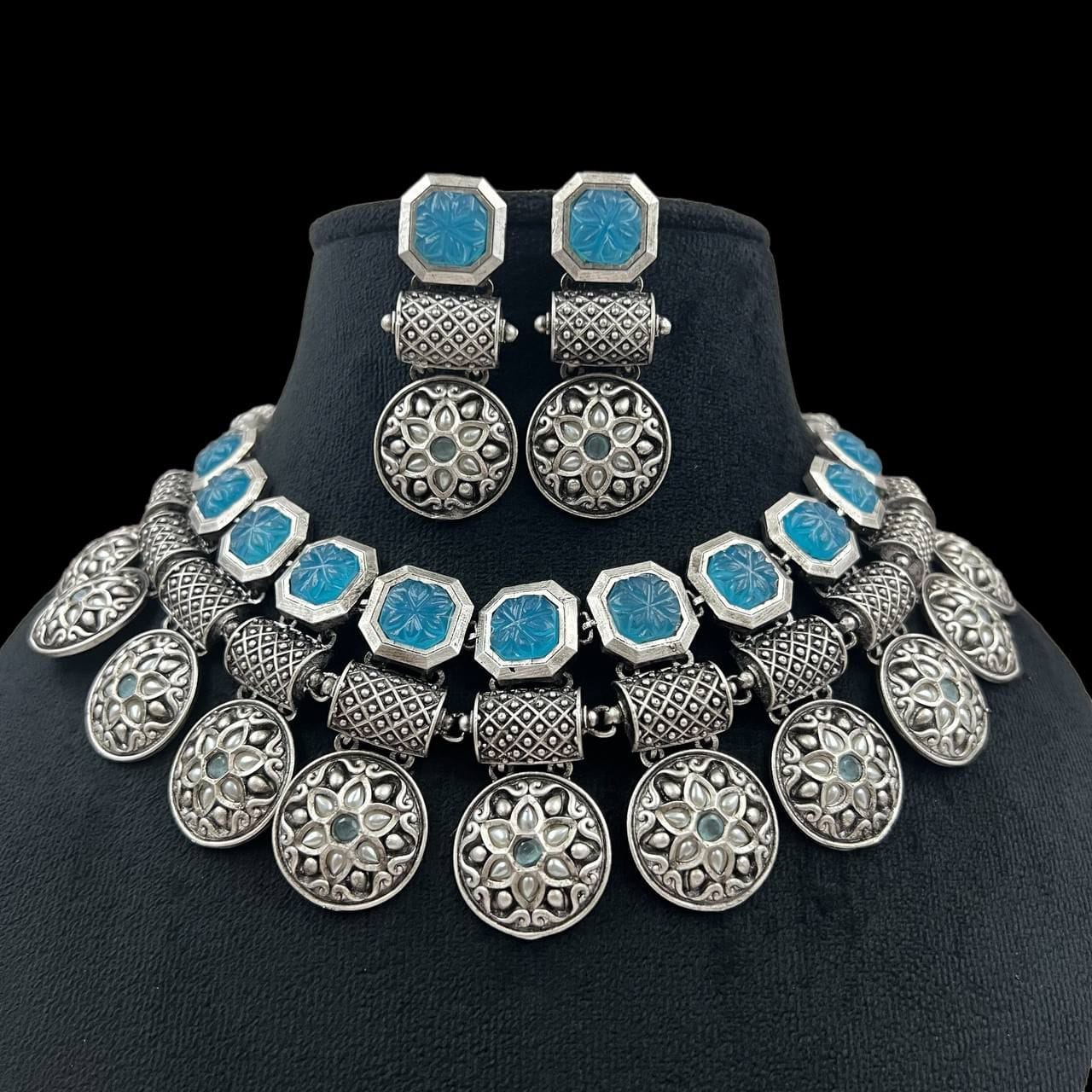 Zafira Turquoise Coin Oxidized Choker Set